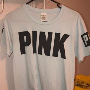 VS PINK sky blue cropped tee with black lettering